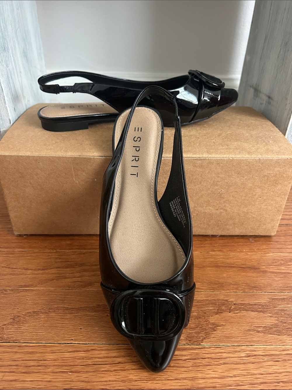 Esprit Black Patent Slingback Pointed-Toe Flats with Buckle